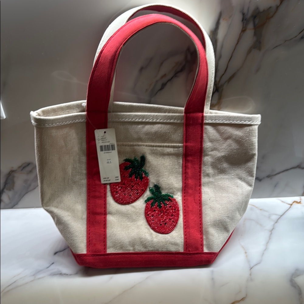Strawberry Embroidered Canvas Tote Bag - Red and Cream